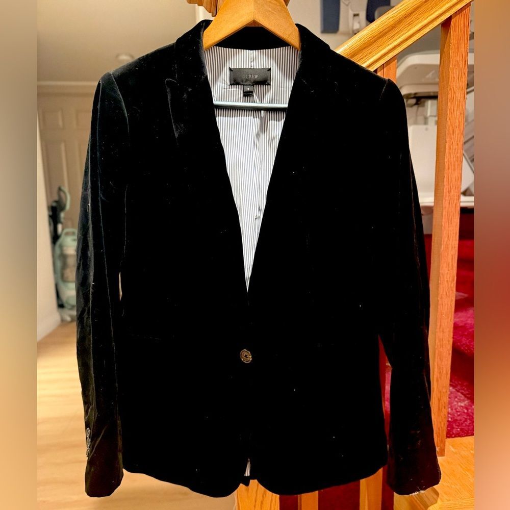 J.Crew Black 100% Cotton Velvet Single Button Blazer Pinstripe Lining 8
